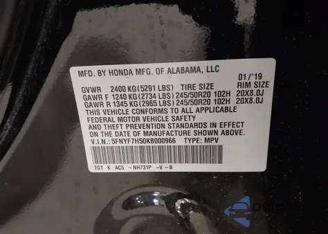 2019 Honda Passport Ex-L from USA, damaged, VIN 5FNYF7H50KB000966